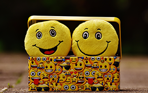 Two smileys in box covered with emoji images